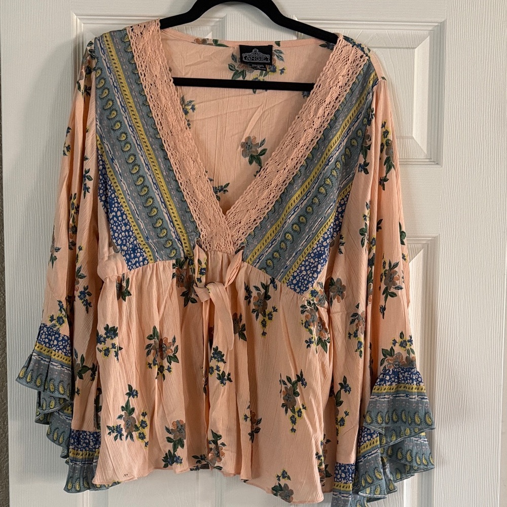 Angie, Rose Peach and Blue Floral Blouse